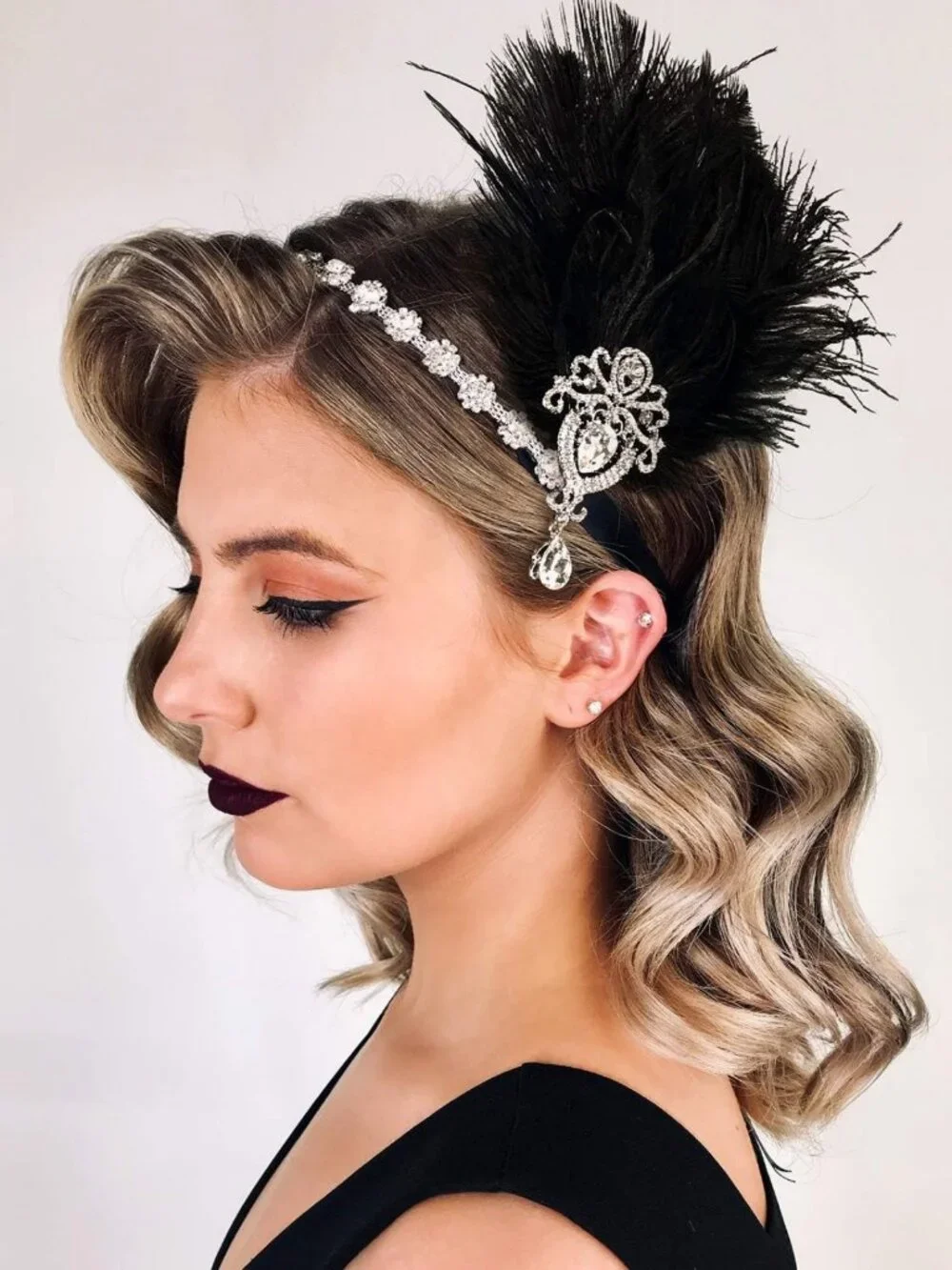 1920s Black Feather Headband with Crystals | Great Gatsby Hair Accessory for